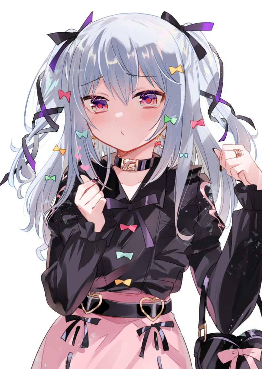 1boy blush choker commentary_request earrings eyebrows_visible_through_hair hair_between_eyes heart heart_earrings highres inuyama_tamaki jewelry long_hair long_sleeves looking_at_viewer noripro otoko_no_ko pout simple_background solo tyuraba upper_body virtual_youtuber white_background