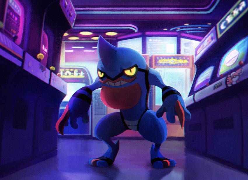 arcade arcade_cabinet commentary full_body gen_4_pokemon highres indoors looking_at_viewer pokemon pokemon_(creature) solo standing teeth toes toxicroak uninori yellow_eyes