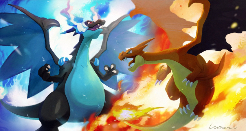 blue_fire charizard claws commentary_request fangs fire gen_1_pokemon green_eyes mega_charizard_x mega_charizard_y mega_pokemon no_humans open_mouth pokemon pokemon_(creature) tongue uninori