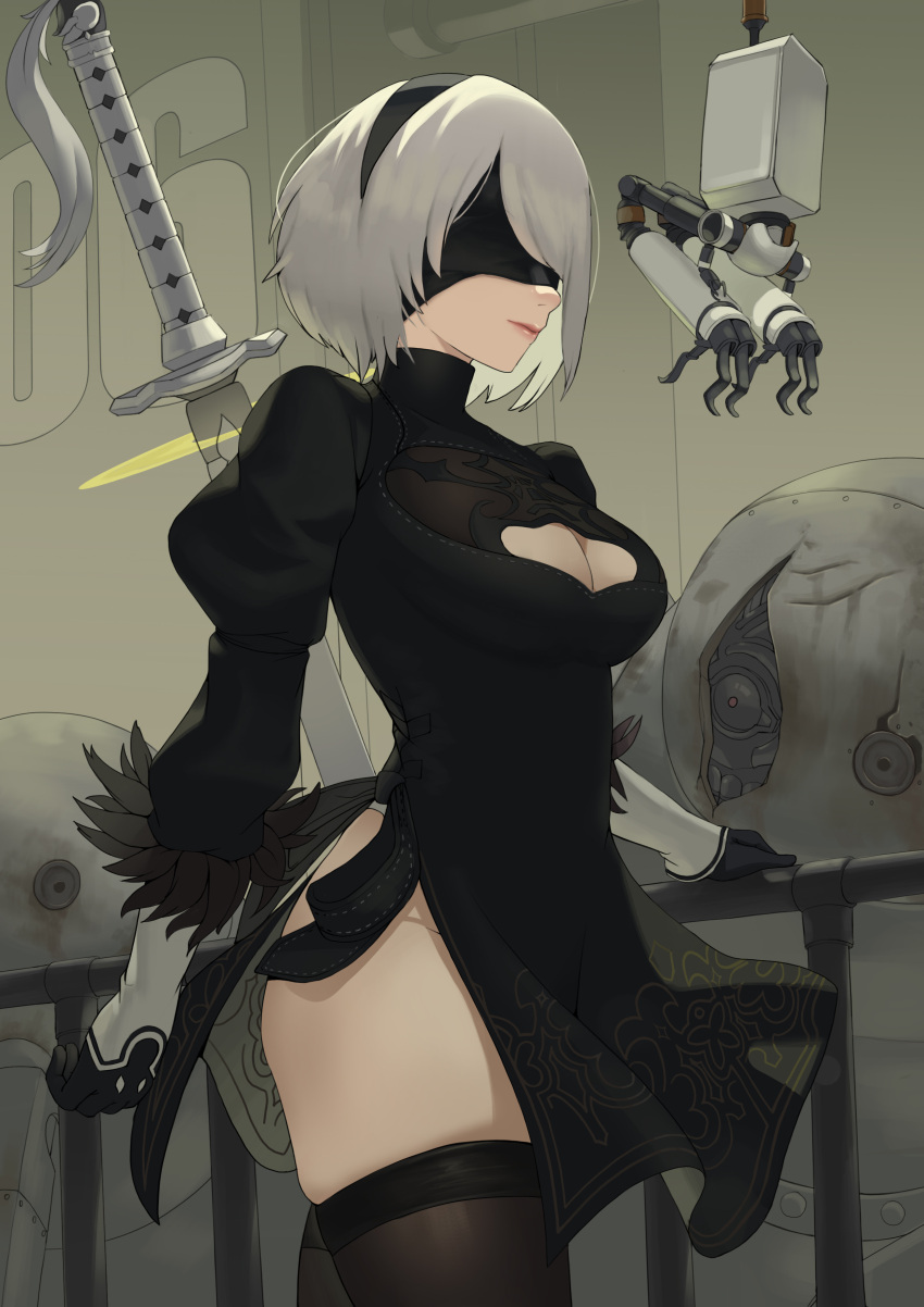 1girl absurdres android back_cutout black_blindfold black_dress black_hairband blindfold blue_eyes boots breasts cleavage_cutout clothing_cutout covered_eyes dress feather-trimmed_sleeves feather_trim gloves hairband hape high_heel_boots high_heels highleg highleg_leotard highres juliet_sleeves katana leotard long_sleeves medium_breasts mole mole_under_mouth nier_(series) nier_automata pod_(nier_automata) puffy_sleeves robot silver_hair skindentation solo_focus sword thigh_boots thighhighs thighhighs_under_boots thong_leotard vambraces virtuous_contract weapon white_hair white_leotard yorha_no._2_type_b