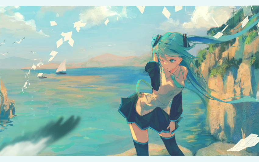 1girl 7ife absurdres black_legwear black_skirt black_sleeves blue_eyes blue_hair blue_neckwear blue_sky blurry blurry_background boat cliff closed_mouth cloud commentary detached_sleeves hand_in_hair hand_up hatsune_miku highres huge_filesize leaning_forward long_hair mountainous_horizon necktie ocean one_eye_closed outdoors papers sailboat shirt skirt sky sleeveless sleeveless_shirt solo thighhighs twintails vocaloid watercraft white_shirt