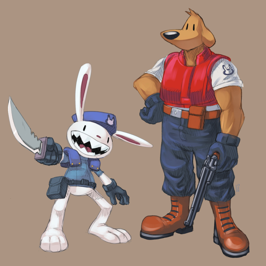 2boys :d black_gloves dog_boy english_commentary full_body gloves gun highres holding holding_gun holding_knife holding_weapon knife max_(sam_&amp;_max) multiple_boys open_mouth owy2clawz rabbit_boy resident_evil sam_(sam_and_max) sam_and_max sharp_teeth simple_background smile standing tan_background teeth weapon