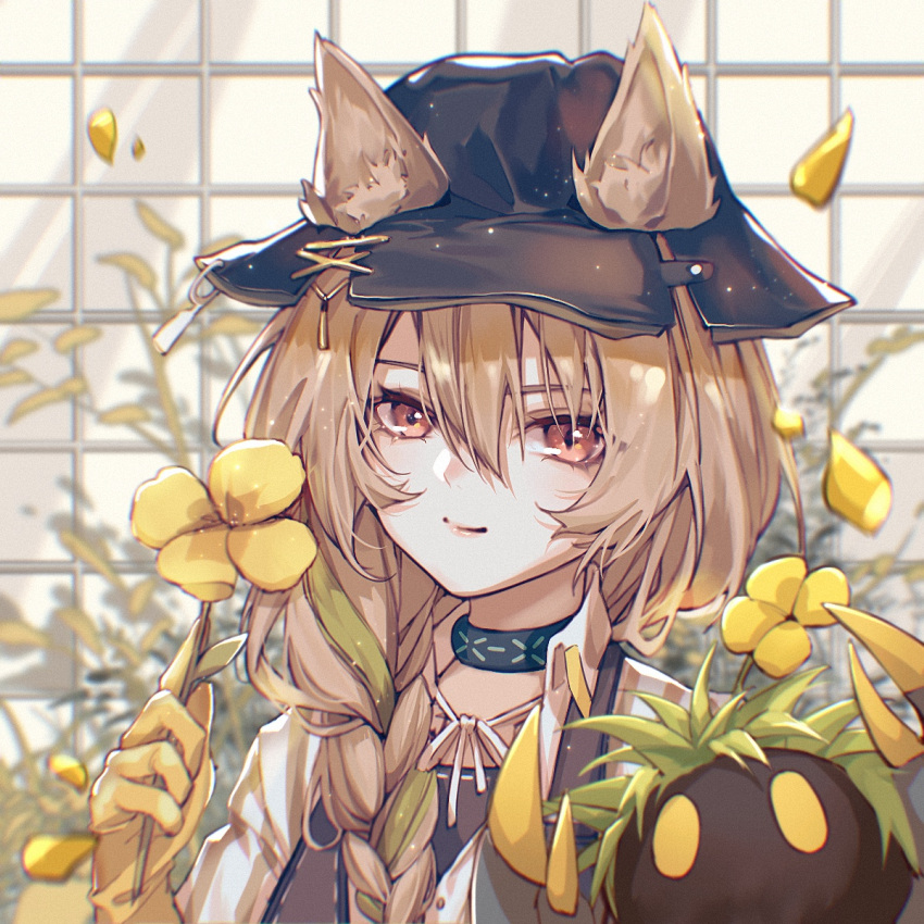 1girl animal_ears arknights beanstalk_(arknights) black_collar black_headwear braid brown_hair chinese_commentary collar commentary_request ears_through_headwear flower green_hair hair_between_eyes hand_up hat highres holding holding_flower hyena_ears infection_monitor_(arknights) jacket kaxnight lips looking_at_viewer metal_crab_(arknights) multicolored_hair portrait red_eyes streaked_hair white_jacket yellow_flower