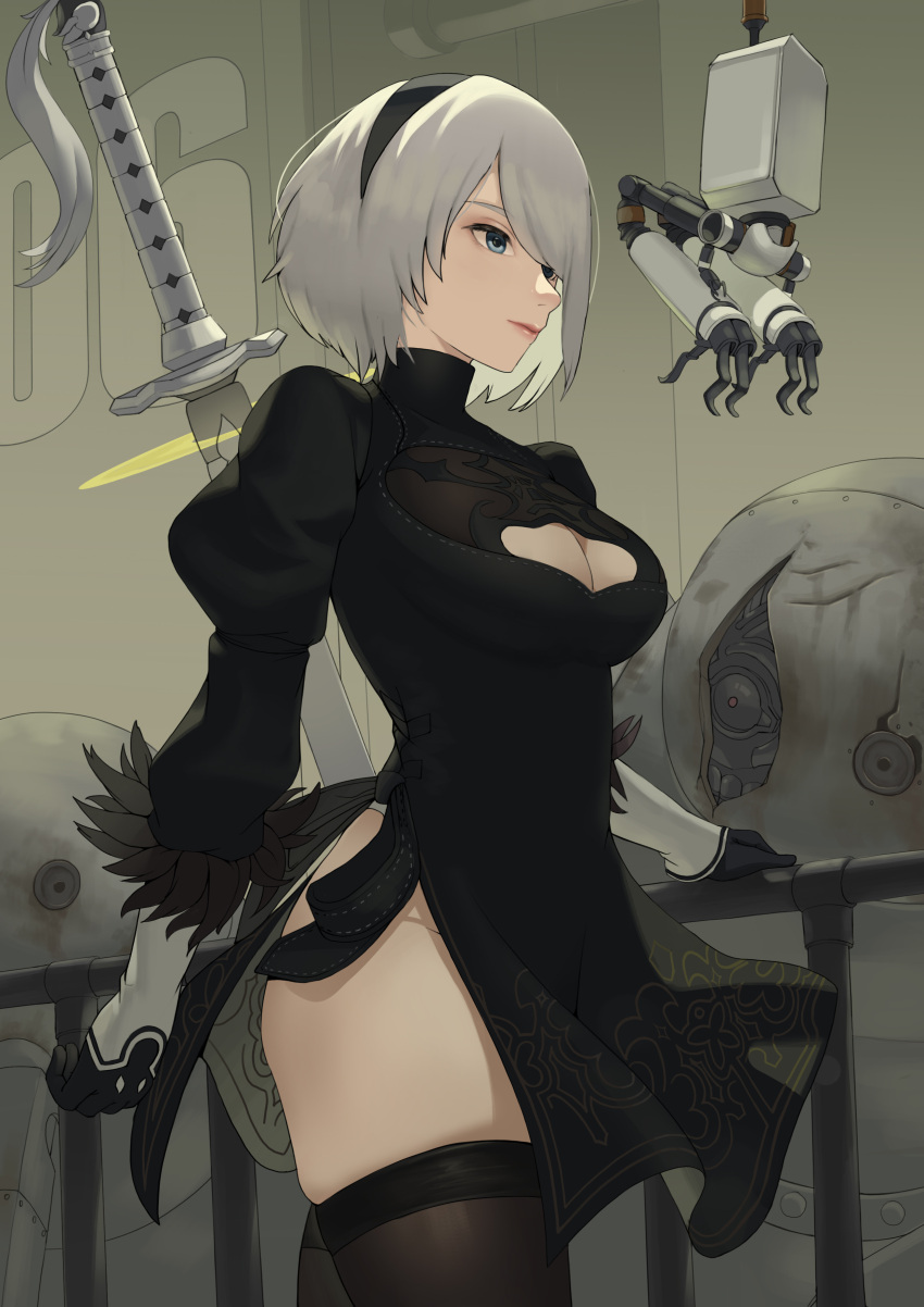 1girl absurdres android back_cutout black_blindfold black_dress black_hairband blindfold blue_eyes boots breasts cleavage_cutout clothing_cutout dress feather-trimmed_sleeves feather_trim gloves hairband hape high_heel_boots high_heels highleg highleg_leotard highres juliet_sleeves katana leotard long_sleeves medium_breasts mole mole_under_mouth nier_(series) nier_automata no_blindfold pod_(nier_automata) puffy_sleeves robot silver_hair skindentation solo_focus sword thigh_boots thighhighs thighhighs_under_boots thong_leotard vambraces virtuous_contract weapon white_hair white_leotard yorha_no._2_type_b