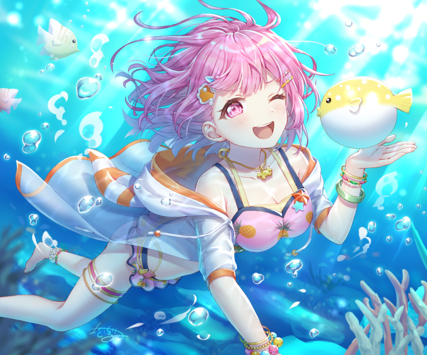 1girl :d air_bubble anklet barefoot bikini blush bracelet breasts bubble cleavage commentary coral fish fish_hair_ornament food foot_out_of_frame freediving frilled_bikini_bottom fruit hair_ornament hairclip hand_up hood hoodie jewelry looking_at_viewer matsunashi_noe medium_breasts ocean one_eye_closed ootori_emu open_mouth patterned_clothing pineapple pink_bikini pink_eyes pink_hair project_sekai see-through_hoodie short_hair signature smile solo swimming swimsuit tongue underwater upper_teeth white_hoodie
