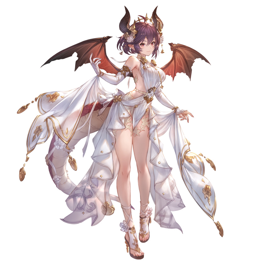 1girl breasts bridal_gauntlets dragon_girl dragon_horns dragon_tail dragon_wings dress granblue_fantasy grea_(shingeki_no_bahamut) horns jewelry large_breasts looking_at_viewer official_art pointy_ears purple_hair red_eyes short_hair solo tail toes transparent_background white_dress wings