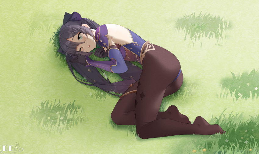 1girl absurdres ass bangs black_gloves black_hair black_legwear blue_leotard blush breasts detached_sleeves eyebrows_visible_through_hair genshin_impact gloves grass green_eyes hair_ribbon highres huge_filesize kemile knees_up legs leotard long_hair lying mona_(genshin_impact) no_shoes on_grass on_side one_eye_closed open_mouth pantyhose ribbon sidelocks solo sparkle_print thighlet twintails waking_up