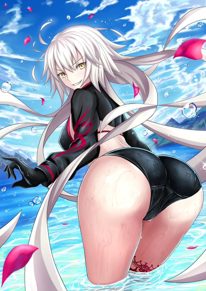 1girl absurdres ahoge ass back bent_over bikini black_gloves blue_sky cloud cloudy_sky commentary_request fate/grand_order fate_(series) gloves grin harukey highres jeanne_d'arc_(alter_swimsuit_berserker)_(fate) jeanne_d'arc_(fate)_(all) long_hair looking_at_viewer mountain mullet ocean outdoors petals sky smile solo swimsuit thick_thighs thighhighs thighs very_long_hair water wet wet_clothes wet_swimsuit white_hair yellow_eyes