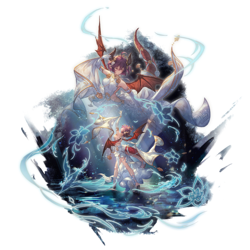 1girl breasts bridal_gauntlets dragon_girl dragon_horns dragon_tail dragon_wings dress from_behind granblue_fantasy grea_(shingeki_no_bahamut) horns jewelry large_breasts multiple_views official_art petals pointy_ears purple_hair red_eyes short_hair tail toes transparent_background water white_dress wings