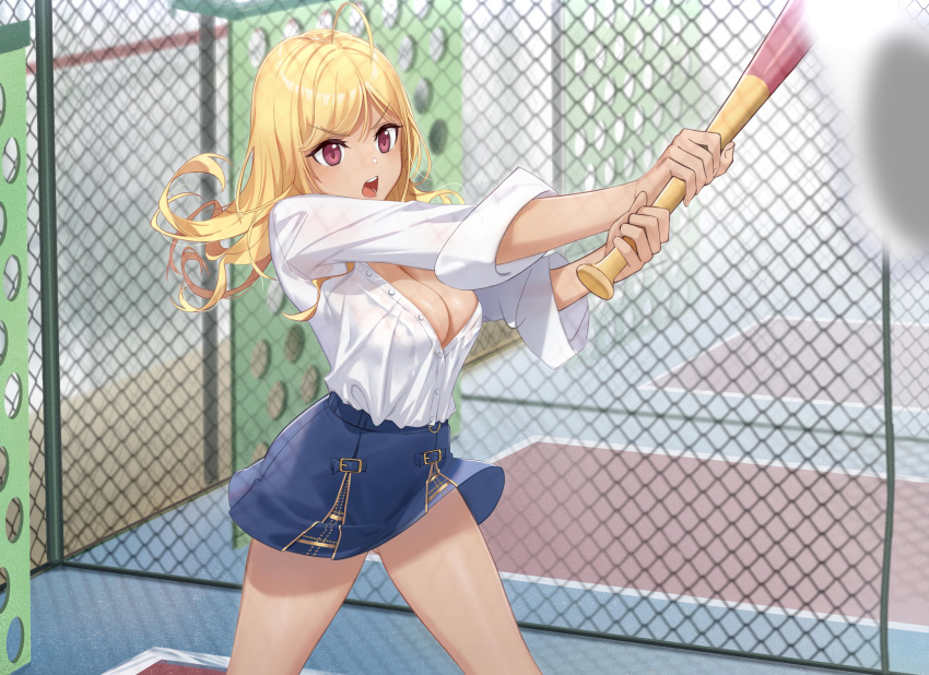 1girl absurdres ahoge alternate_costume bag baseball baseball_bat batting_cage blonde_hair bow bowtie breasts buttons candy cellphone cleavage collared_shirt crossed_legs eyebrows_visible_through_hair eyelashes food gyaru highres hitting large_breasts lollipop long_hair medium_hair nijisanji official_alternate_costume open_mouth phone purple_eyes ribbon school_uniform shirt skirt sleeves_rolled_up smartphone solo takamiya_rion tan teeth thighs virtual_youtuber zhengti007