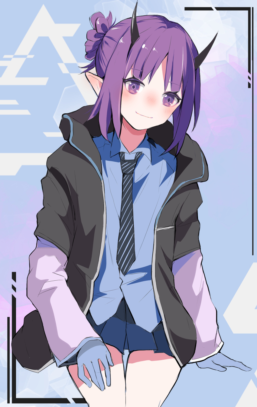 1girl arknights black_jacket black_neckwear blue_background blue_gloves blue_shirt blue_skirt blush commentary demon_horns diamond-shaped_pupils diamond_(shape) gloves hibiscus_(arknights) highres horns jacket looking_at_viewer necktie one-hour_drawing_challenge open_clothes open_jacket pleated_skirt purple_eyes purple_hair shirt short_hair sidelocks skirt smile solo symbol-shaped_pupils tied_hair zuki_zuki_t