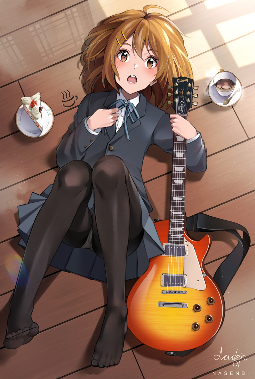 1girl absurdres ahoge artist_name black_jacket black_legwear blazer blue_neckwear blue_ribbon blue_skirt brown_eyes brown_hair cake commentary cup dress_shirt electric_guitar food from_above full_body guitar hair_ornament hairclip highres hirasawa_yui holding holding_instrument huge_filesize instrument jacket k-on! light_particles looking_at_viewer looking_up lying messy_hair nasenbi neck_ribbon on_back on_floor open_mouth panties panties_under_pantyhose pantyhose pantyshot pink_lips plate pleated_skirt reflection reflective_floor refraction ribbon round_teeth school_uniform shirt short_hair signature skirt solo spoon tea teacup teeth thighs toes underwear uniform white_panties white_shirt wooden_floor
