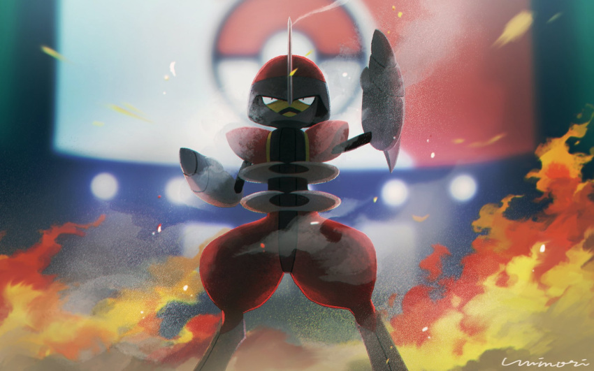 bisharp black_eyes blurry commentary_request fire gen_5_pokemon highres legs_apart light looking_up no_humans pokemon pokemon_(creature) signature smoke solo stadium standing uninori