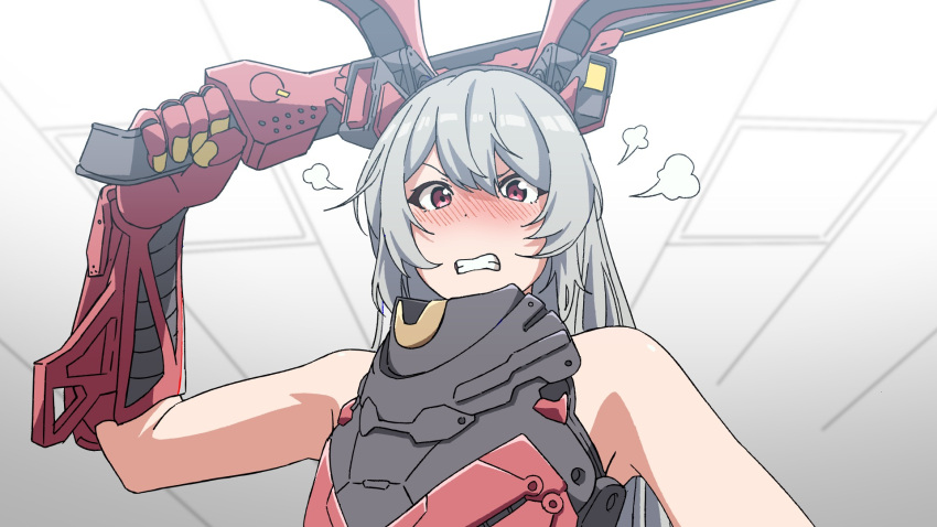 1girl bangs blade blush charolic_(girls'_frontline_2) commission embarrassed girls'_frontline_2:_exilium grey_hair grin highres long_hair pixiv_request red_eyes smile solo triangle_bullet very_long_hair
