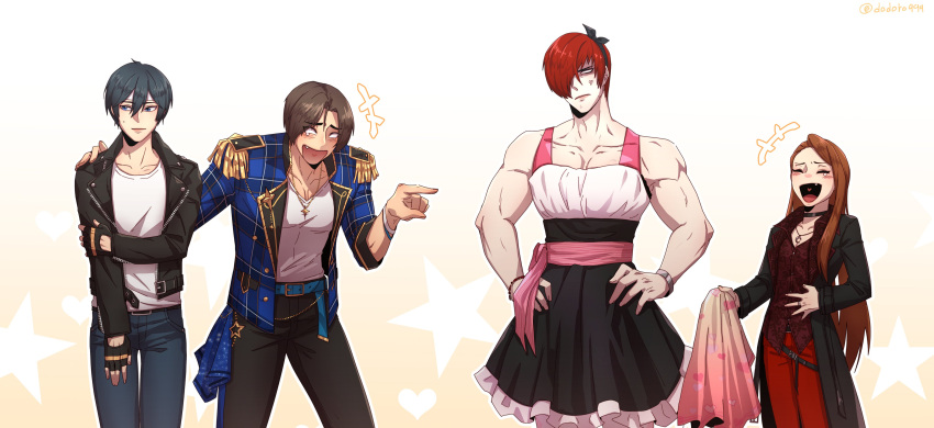 1girl 3boys absurdres black_hair bracelet brown_hair cosplay crossdressing crossover dodoro999 dress highres idolmaster jacket jewelry kusanagi_kyou laughing long_hair minase_iori multiple_boys necklace pointing red_hair ring the_king_of_fighters yagami_iori