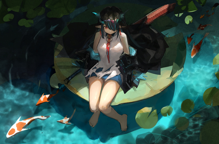 1girl absurdres animal arknights black_coat black_hair china_dress chinese_clothes coat commentary_request dragon_horns dress dusk_(arknights) ear_piercing fish green_hair hair_over_one_eye highres horns huge_filesize koi lily_pad multicolored_hair necktie off_shoulder open_clothes open_coat piercing pointy_ears red_eyes red_neckwear shilonagas sitting sleeveless sleeveless_dress soaking_feet solo streaked_hair sword weapon white_dress