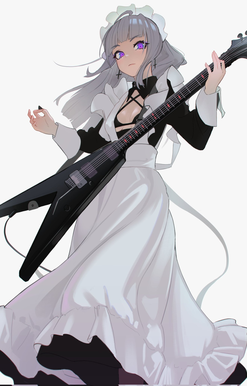 1girl apron breasts cleavage cross cross_earrings earrings english_commentary eximmetry grey_hair guitar highres holding holding_instrument instrument jewelry maid maid_apron maid_headdress open_clothes original plectrum purple_eyes small_breasts solo white_background