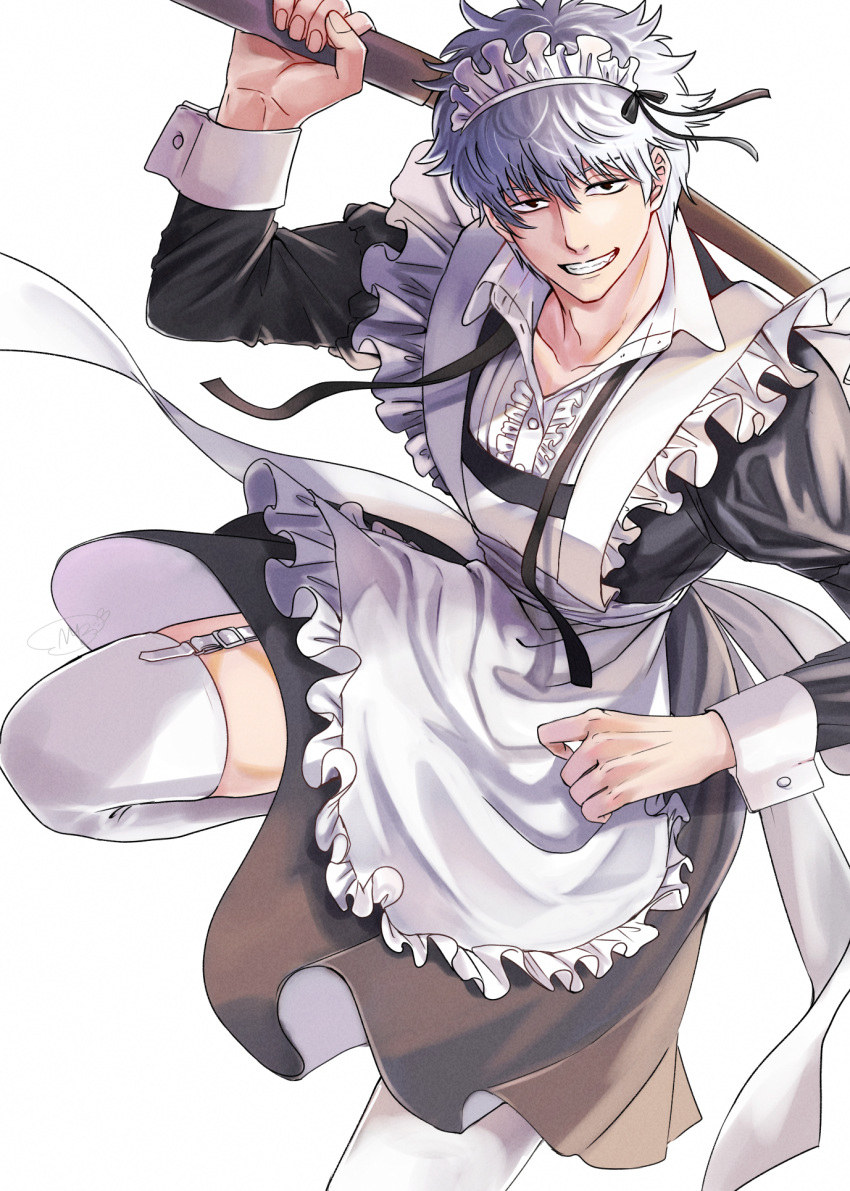 1boy apron black_eyes black_ribbon black_shirt black_skirt crossdressing dress_shirt frilled_apron frills garter_straps gintama grin hair_ribbon highres holding long_sleeves looking_at_viewer maid_headdress male_focus miniskirt ribbon sakata_gintoki shinomy shirt short_hair silver_hair simple_background skirt smile solo thighhighs white_apron white_background white_legwear white_shirt