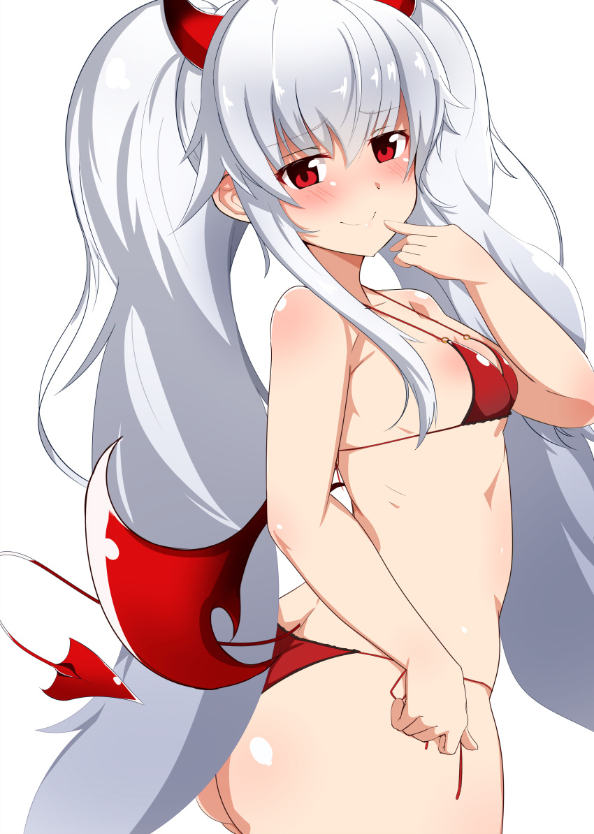 1girl absurdres ass bat_wings bikini blush breasts commentary_request demon_girl demon_tail finger_to_mouth from_side grim_aloe highres horns long_hair looking_back quiz_magic_academy quiz_magic_academy_the_world_evolve red_bikini red_eyes seihekiog side-tie_bikini silver_hair small_breasts smile solo swimsuit tail thong_bikini twintails upper_body very_long_hair wings