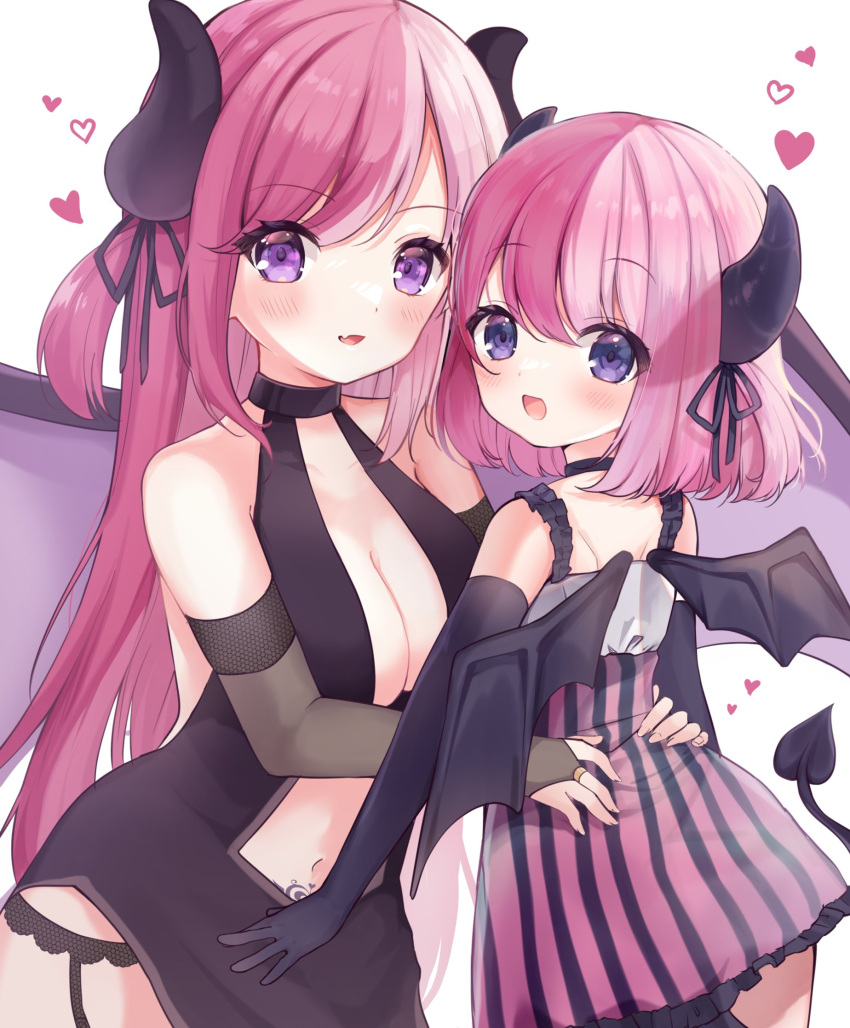 2girls age_difference black_dress black_gloves blush breasts bridal_gauntlets center_opening choker cleavage demon_girl demon_horns demon_tail demon_wings dress dual_persona elbow_gloves eyebrows_visible_through_hair face-to-face garter_belt garter_straps gloves hands_on_another's_waist heart highres horns indie_virtual_youtuber kyuotto large_breasts long_hair looking_at_viewer muikou_(moeko0903) multiple_girls navel open_mouth pink_eyes pink_hair pubic_tattoo purple_dress ribbon short_hair smile striped striped_dress tail tattoo two_side_up virtual_youtuber wings