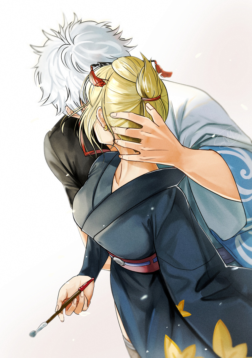 1boy 1girl absurdres black_kimono black_shirt blonde_hair couple gintama hair_ornament hairpin hetero highres holding japanese_clothes kimono kiss leaf_print long_sleeves print_kimono sakata_gintoki shinomy shirt short_hair silver_hair simple_background tied_hair tsukuyo_(gintama) white_background yukata