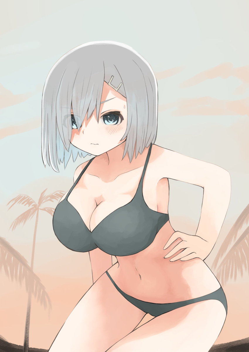 1girl bikini black_bikini blue_eyes breasts cleavage commentary_request cowboy_shot hair_ornament hair_over_one_eye hairclip hamakaze_(kancolle) hand_on_hip highres kantai_collection large_breasts looking_at_viewer navel short_hair silver_hair solo swimsuit thigh_gap toplow
