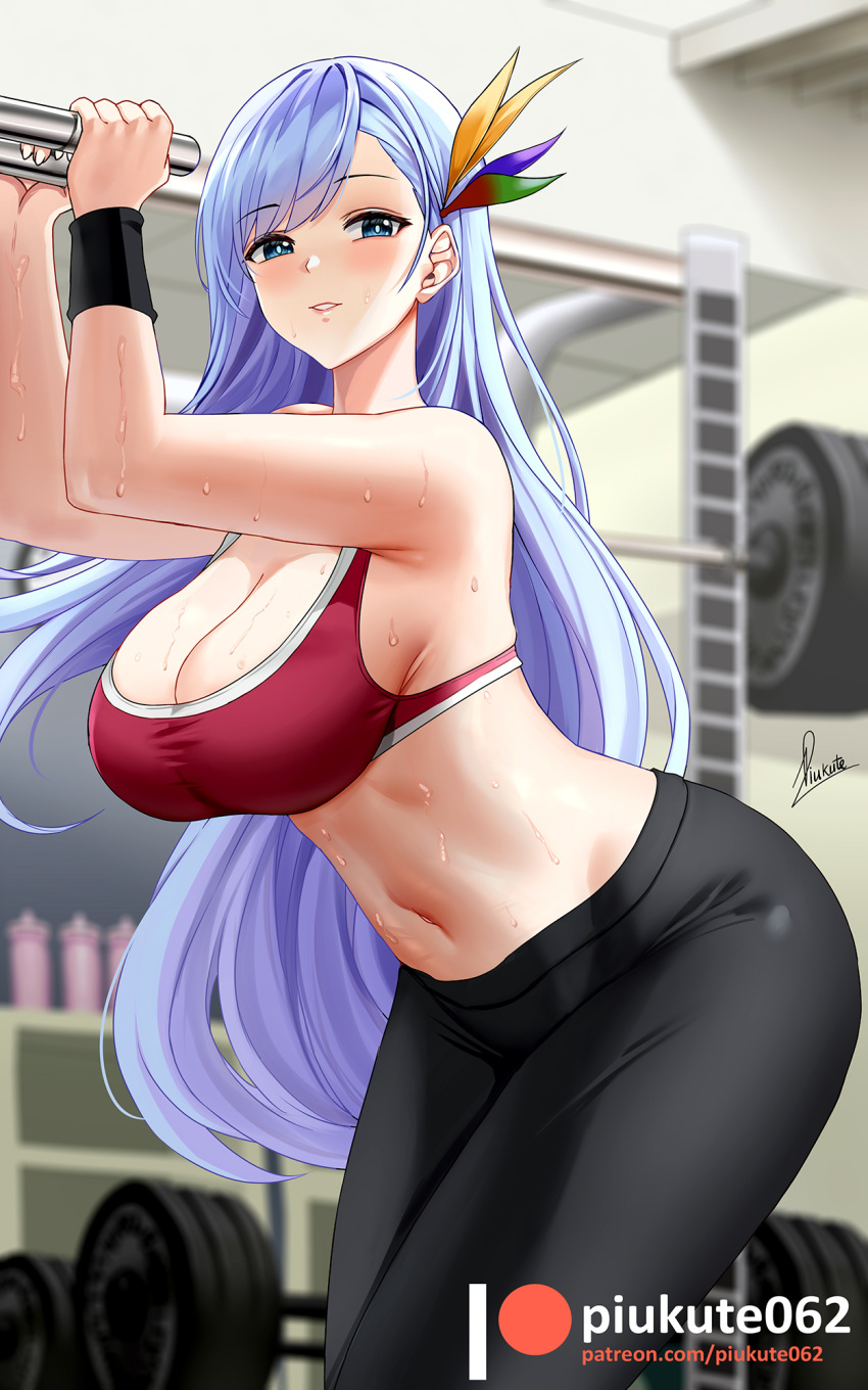 1girl azur_lane bangs blurry blurry_background blush breasts cleavage eyebrows_visible_through_hair gym gym_pants hair_ornament highres large_breasts long_hair looking_at_viewer navel pants piukute062 sideboob silver_hair solo sports_bra stomach sweat swept_bangs thighs ticonderoga_(azur_lane) tight tight_pants wristband yoga_pants