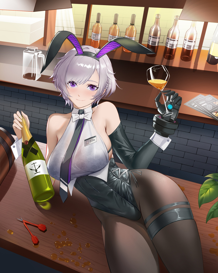 1girl absurdres alcohol animal_ears armpit_crease azur_lane bangs bar bare_shoulders black_legwear black_neckwear blush bottle bow bowtie breasts closed_mouth commentary_request cup dart drinking_glass fake_animal_ears hairband halter_top halterneck highres holding holding_bottle holding_cup large_breasts liquor looking_at_viewer lounging mechanical_hands necktie official_alternate_costume plant playboy_bunny potted_plant purple_eyes rabbit_ears reno_(azur_lane) reno_(reno_bunnino)_(azur_lane) sherlock5230 short_hair sideboob silver_hair single_mechanical_hand single_sleeve skindentation smile solo swept_bangs white_neckwear wine_bottle wine_glass