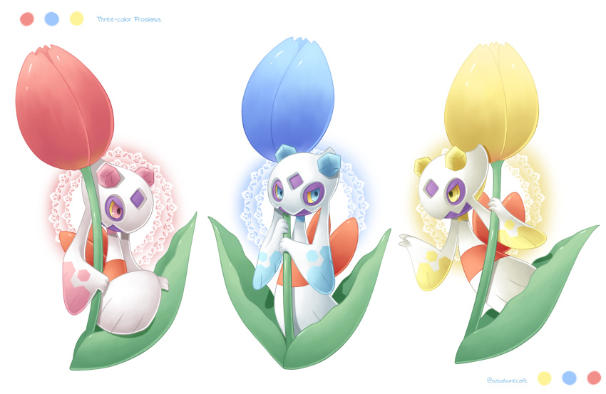 alternate_color blue_eyes blue_flower character_name colored_sclera commentary_request flower froslass gen_4_pokemon hands_up highres holding holding_flower looking_at_another no_humans pink_eyes pokemon pokemon_(creature) red_flower sasabunecafe yellow_eyes yellow_flower yellow_sclera