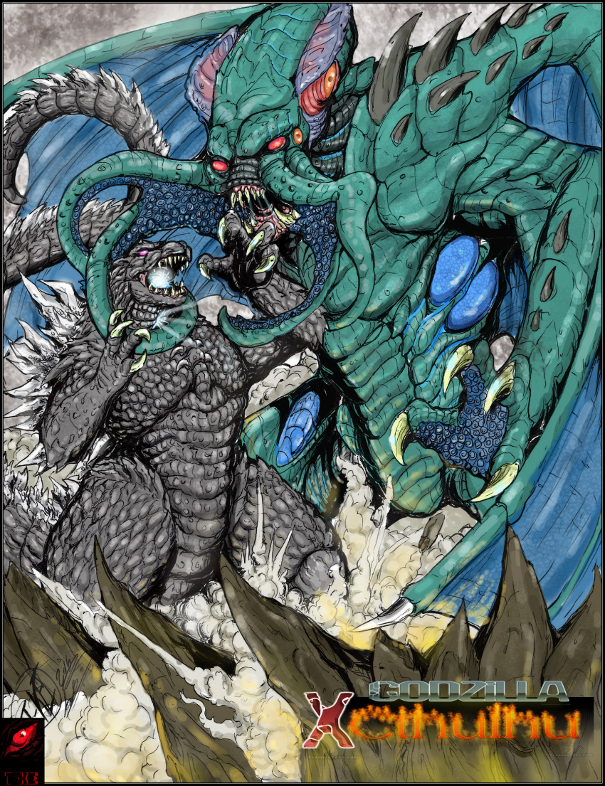 animal_ears battle claws commission crossover cthulhu cthulhu_mythos eldritch_abomination fighting gabe_tkezilla giant giant_monster glowing godzilla godzilla_(series) highres kaijuu mini_wings monster no_humans open_mouth sharp_teeth spines tail teeth tentacles wings