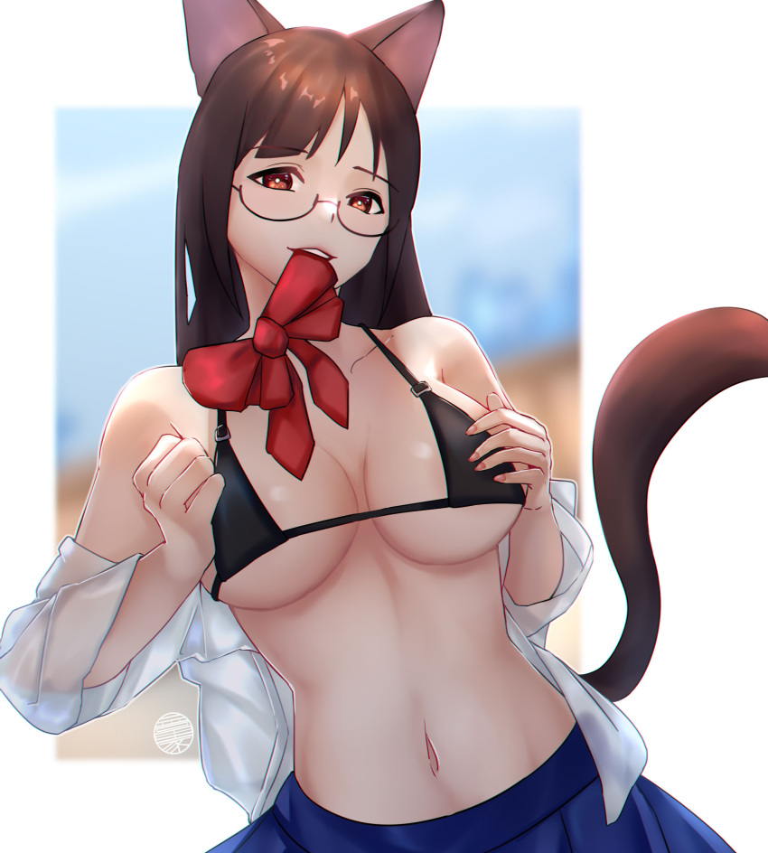 1girl absurdres animal_ears bikini biting biting_clothes black_bikini blue_skirt breasts brown_eyes brown_hair commission drawing glasses highres jrpulse midriff navel open_clothes open_shirt original ribbon school_uniform shirt skirt swimsuit tail thighs white_shirt