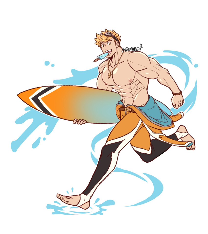 1boy abs alternate_pectoral_size bara bare_pectorals barefoot black_male_swimwear blonde_hair food full_body goggles goggles_on_head granblue_fantasy highres holding holding_surfboard ice_cream jewelry large_pectorals legskin looking_at_viewer male_focus male_swimwear mouth_hold muscular muscular_male navel necklace nipples oneirio orange_male_swimwear pectorals running short_hair skin_tight solo stomach surfboard vane_(granblue_fantasy)