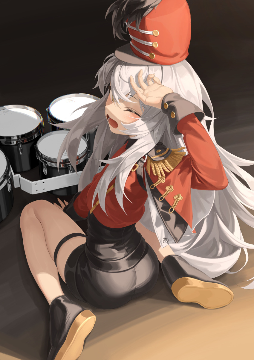 1girl absurdres band_uniform black_footwear black_shorts black_skirt blush brown_eyes drum eyebrows_visible_through_hair floor g11_(girls'_frontline) girls'_frontline hand_in_hair hand_on_floor highres instrument jacket long_hair marching_band official_alternate_costume on_floor one_eye_closed open_mouth red_headwear red_jacket rui_(rei_leyi) shoes shorts silver_hair skirt solo uniform