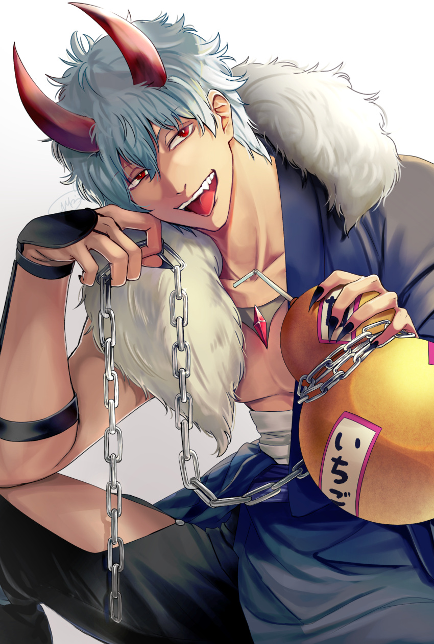 1boy :d black_pants chain collarbone drinking_straw eyebrows_visible_through_hair fangs gintama gradient gradient_background grey_background hair_between_eyes highres horns looking_at_viewer male_focus open_mouth pants red_eyes sakata_gintoki shinomy short_hair silver_hair smile solo tongue tongue_out white_background