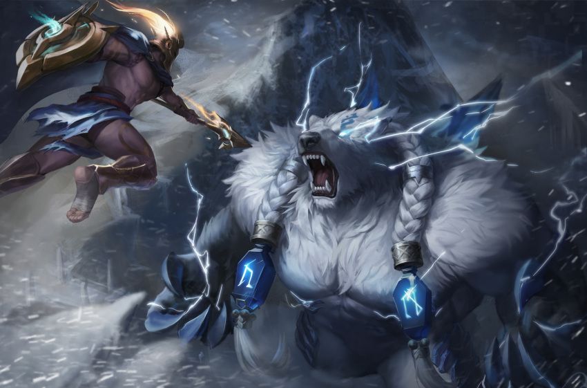 2boys abs alphs_beep animal_ears bara bare_pectorals battle bear_boy bear_ears blue_eyes braid dark-skinned_male dark_skin fire from_above giant giant_male glowing glowing_eyes helmet highres large_pectorals league_of_legends lightning loincloth long_hair male_focus mountain multiple_boys muscular muscular_male pantheon_(league_of_legends) pectorals short_hair snowing stomach thick_thighs thighs volibear white_fur