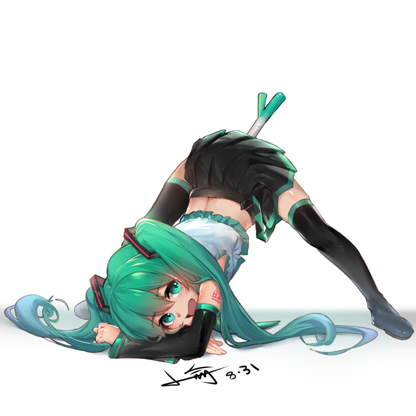 1girl :d absurdres bangs black_footwear black_legwear black_skirt black_sleeves boots commentary_request dated detached_sleeves eyebrows_visible_through_hair frilled_shirt frills full_body green_eyes green_hair hair_between_eyes hatsune_miku head_tilt highres implied_object_insertion jack-o'_challenge leek long_hair long_sleeves looking_at_viewer open_mouth pleated_skirt shadow shirt skirt sleeves_past_wrists smile solo spring_onion thigh_boots thighhighs top-down_bottom-up twintails very_long_hair vocaloid white_background white_shirt xiaoyu