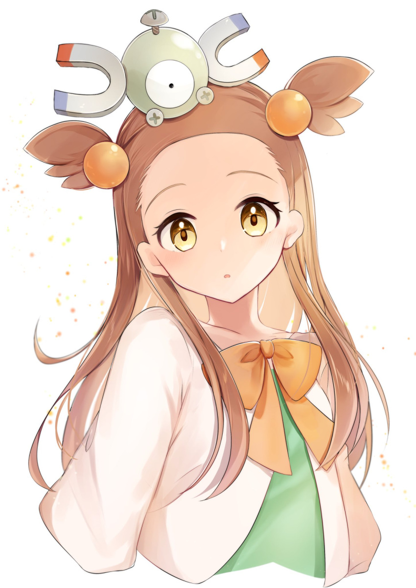 1girl blush bow bowtie brown_hair commentary_request dress eyelashes gen_1_pokemon goma_(nabepa_nabepa) green_dress hair_bobbles hair_ornament highres jasmine_(pokemon) long_hair looking_at_viewer magnemite on_head orange_bow orange_neckwear parted_lips pokemon pokemon_(creature) pokemon_(game) pokemon_hgss pokemon_on_head two_side_up yellow_eyes