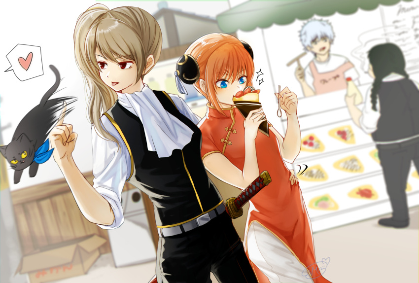 1boy 3girls belt black_hair black_jacket black_pants blue_eyes braid brown_hair bun_cover cat china_dress chinese_clothes couple crepe double_bun dress eating food genderswap genderswap_(mtf) gintama grey_belt hand_on_another's_hip heart highres hijikata_toushirou holding holding_spoon jacket kagura_(gintama) long_hair middle_finger multiple_girls okita_sougo orange_hair pants red_dress sakata_gintoki sheath sheathed shinomy shiny shiny_hair shirt short_hair short_sleeves side_ponytail silver_hair sleeveless sleeveless_jacket spoken_heart spoon sword twin_braids weapon white_pants white_shirt yuri