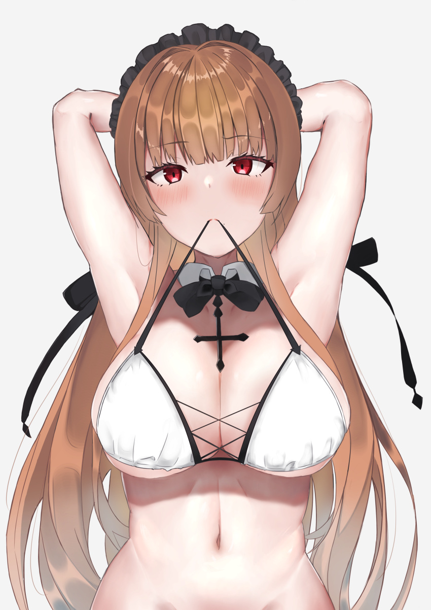 1girl absurdres armpits arms_behind_head azur_lane bikini black_headband breasts brown_hair cleavage cross cross-laced_bikini cross-laced_clothes cross_necklace eyebrows_visible_through_hair frilled_hairband frills hairband headband highres iroha_uca jewelry large_breasts long_hair looking_at_viewer maid_bikini mouth_hold multi-strapped_bikini necklace official_alternate_costume red_eyes simple_background solo swiftsure_(azur_lane) swiftsure_(midsummer_special_service)_(azur_lane) swimsuit two-tone_bikini white_background white_bikini