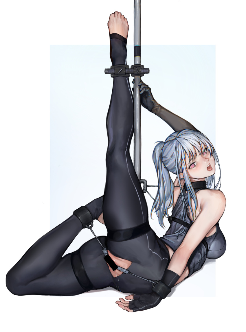 1girl absurdres ak-12_(girls'_frontline) bar_censor bare_shoulders black_gloves black_legwear blue_background border breasts censored clamps cuffs elbow_gloves feet fingerless_gloves girls'_frontline gloves grey_hair halter_top halterneck harness highres iuui large_breasts no_panties open_mouth pink_eyes pole ponytail pussy pussy_juice sideboob sidelocks toeless_legwear toes white_border