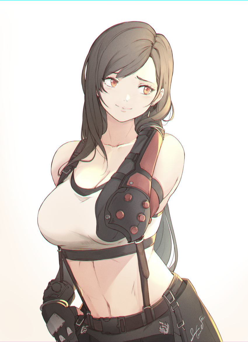 1girl absurdres arm_guards armor artist_name bangs bare_shoulders black_hair black_skirt breasts brown_eyes cleavage closed_mouth collarbone commentary earrings final_fantasy final_fantasy_vii final_fantasy_vii_remake gloves highres jewelry lips long_hair medium_breasts midriff navel senacolada signature simple_background skirt sleeveless smile solo stomach suspender_skirt suspenders tank_top tifa_lockhart upper_body