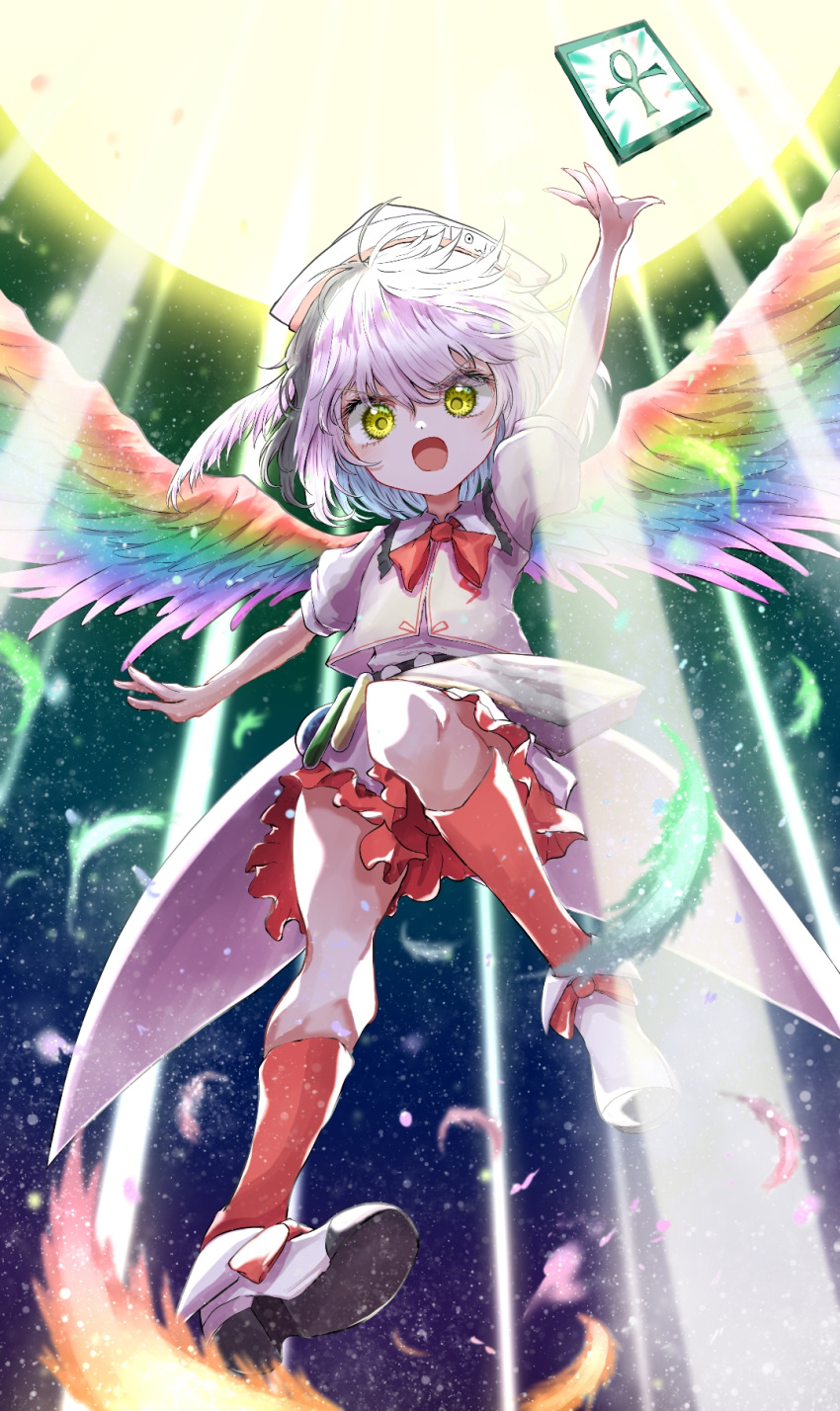 1girl ankh arm_up belt bow commentary_request feathered_wings feathers footwear_bow hat highres hollow_song_of_birds kayon_(touzoku) kneehighs looking_at_viewer miniskirt multicolored multicolored_wings open_mouth rainbow_gradient rainbow_wings red_bow red_legwear shoes short_hair skirt solo sun torisumi_horou touhou vial white_footwear white_hair white_headwear wings yellow_eyes