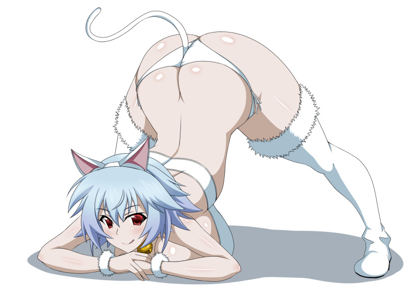 1girl animal_ears ass bell blue_hair boots breasts cat_ears eyebrows_visible_through_hair fake_animal_ears fur-trimmed_boots fur_trim highres infinite_stratos jack-o'_challenge large_breasts looking_at_viewer red_eyes sarashiki_tatenashi shiny shiny_skin short_hair simple_background solo space_gorilla