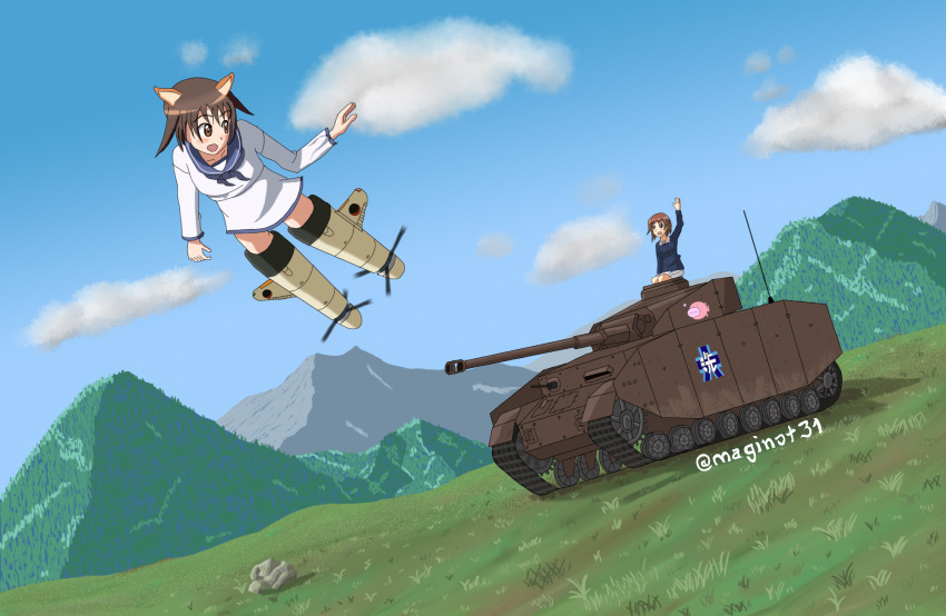 2girls anglerfish animal_ears blush breasts brown_eyes brown_hair caterpillar_tracks cloud commentary crossover day emblem english_commentary girls_und_panzer grass ground_vehicle highres maginot31 military military_vehicle miyafuji_yoshika motor_vehicle mountain multiple_girls nishizumi_miho ooarai_(emblem) ooarai_military_uniform panzerkampfwagen_iv short_hair sky smile strike_witches tank twitter_username world_witches_series
