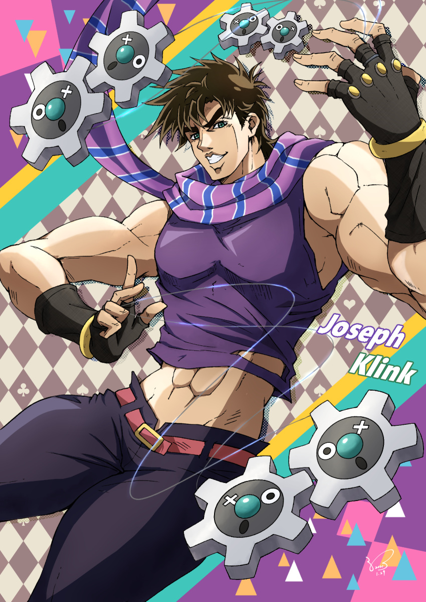 1boy aqua_eyes argyle argyle_background arms_up bare_shoulders belt black_gloves black_pants blue_scarf clover club_(shape) commentary_request crop_top crossover diamond_(shape) fingerless_gloves fingernails gears gen_5_pokemon gloves green_eyes grin hamon heart highres jojo_no_kimyou_na_bouken joseph_joestar joseph_joestar_(young) klink kogawa_(kris_386k) male_focus pants pink_belt pokemon pokemon_(creature) purple_scarf purple_shirt red_belt scarf shirt smile spade_(shape) striped striped_scarf triangle