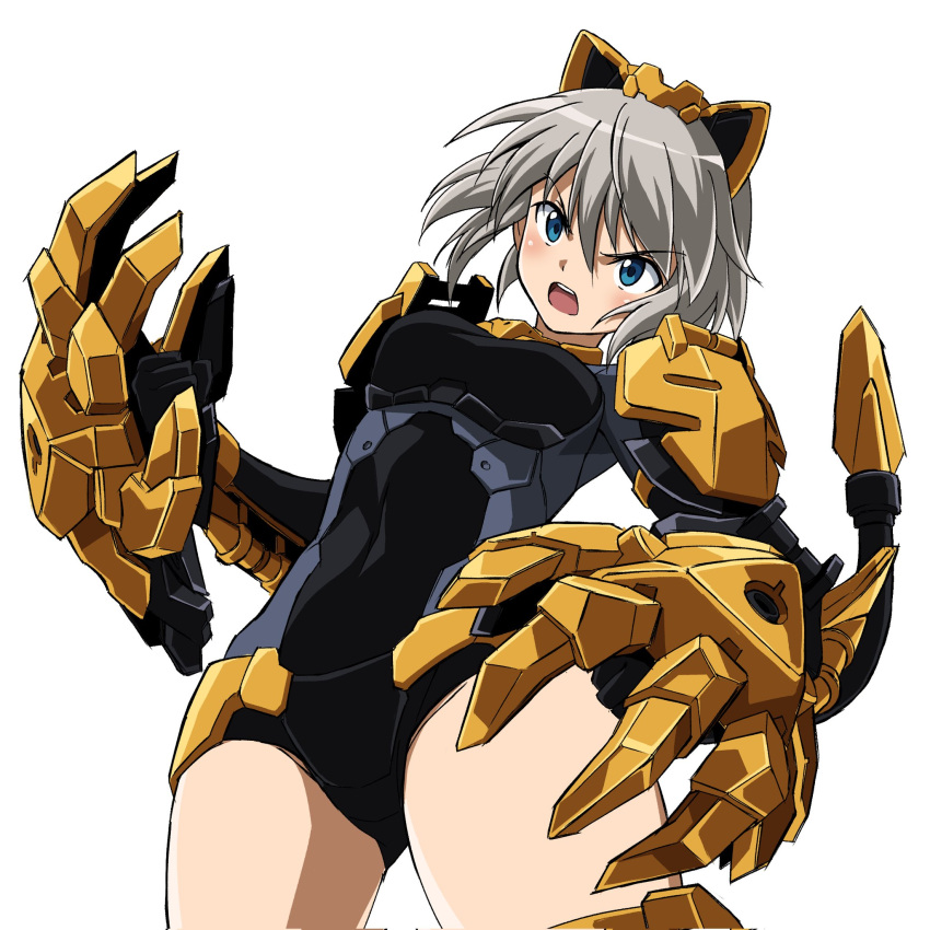 1girl 30_minutes_sisters animal_ears bangs blue_eyes blush breasts cat_ears covered_navel fake_animal_ears grey_hair head_tilt highres kumichou_(ef65-1118-ef81-95) mecha_musume mechanical_ears mechanical_tail medium_breasts open_hands open_mouth rishetta_(30ms) short_hair solo tail v-shaped_eyebrows