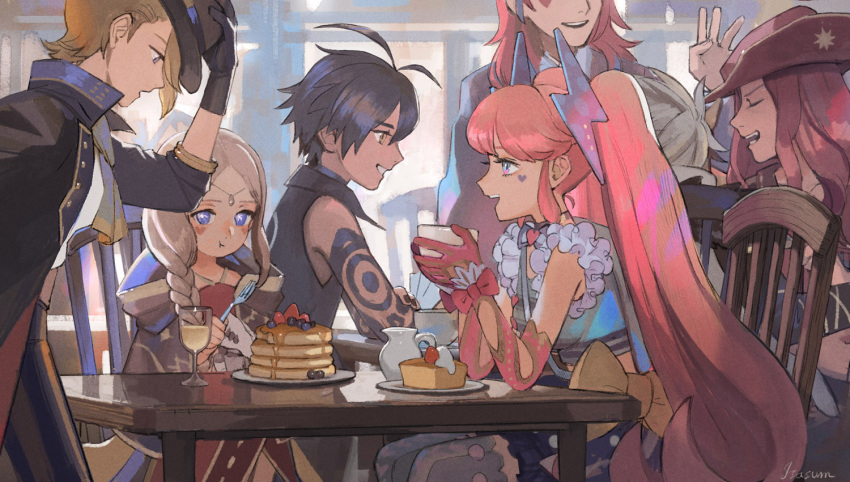 3boys 3girls antenna_hair arm_tattoo black_hair black_headwear blonde_hair blue_eyes blueberry braid braided_ponytail brown_headwear chair character_request closed_eyes cup eating elbow_gloves food fork frilled_sleeves frills fruit gloves grey_hair hair_over_shoulder hand_up hat holding holding_cup holding_fork hood hood_down lilim_(megido72) long_hair megido72 multiple_boys multiple_girls open_mouth pancake pink_hair plate profile red_gloves red_hair sasumata_jirou short_hair smile stack_of_pancakes strawberry succubus_(megido72) syrup table tattoo twintails