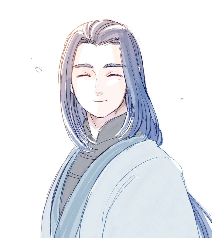 1boy blue_hair closed_eyes eyebrows_visible_through_hair highres long_hair male_focus micho simple_background smile solo the_legend_of_luo_xiaohei upper_body white_background wuxian_(the_legend_of_luoxiaohei)