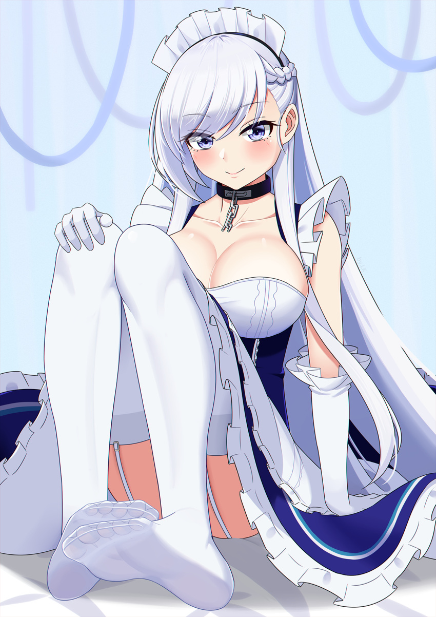 1girl apron azur_lane belfast_(azur_lane) blush braid breasts broken broken_chain chain cleavage collar feet french_braid frilled_apron frilled_gloves frills gloves highres large_breasts lemon_kele long_hair looking_at_viewer low_neckline maid maid_apron maid_headdress no_shoes sitting soles solo toes white_hair