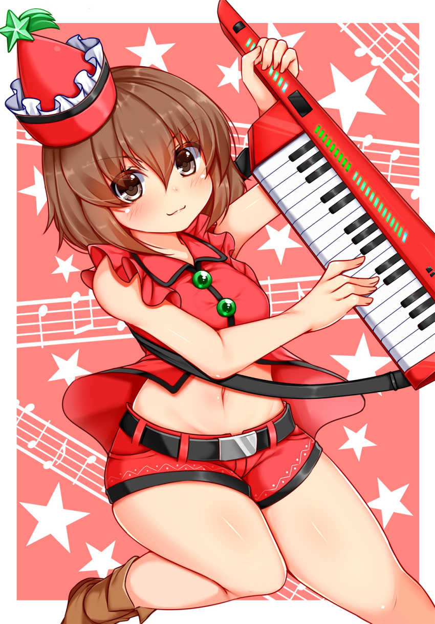 1girl belt boots brown_eyes brown_footwear brown_hair buttons clip_studio_paint_(medium) closed_mouth frills hat highres holding holding_instrument instrument keytar lyrica_prismriver midriff navel partially_unbuttoned red_headwear red_vest short_hair shorts smile stomach tokoya_(ex-hetare) touhou unbuttoned unbuttoned_vest vest